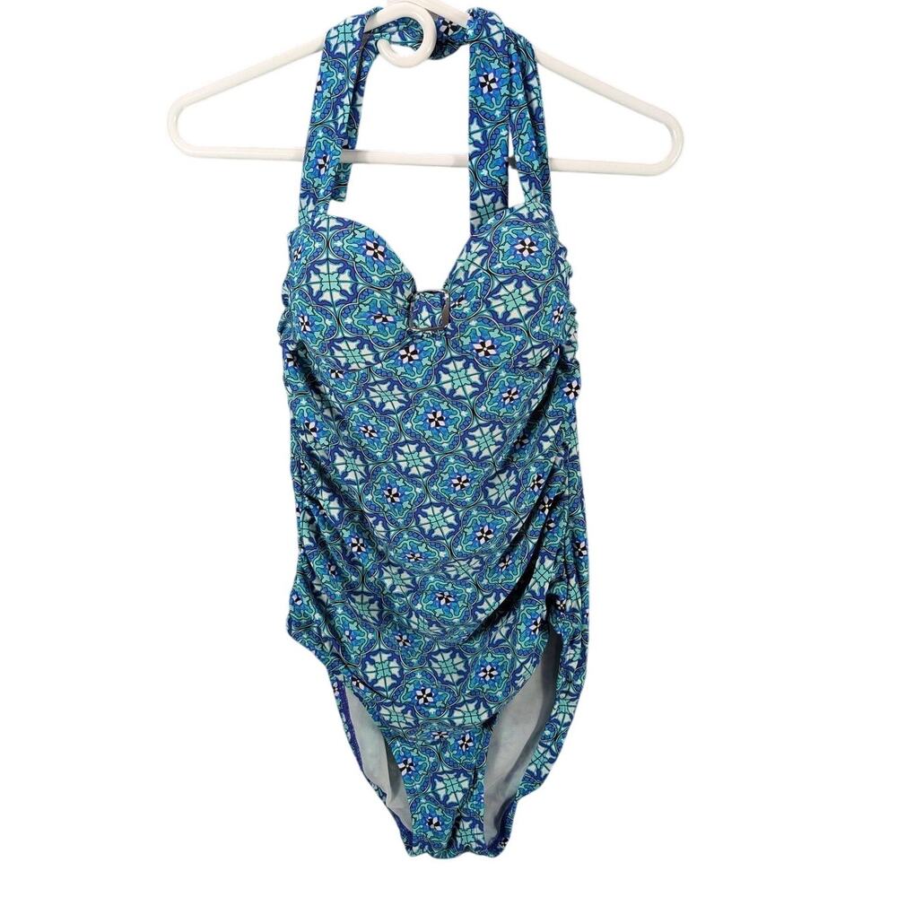 Assets By Spanx Swimsuit Womens Medium Halter One Piece Padded Ruched Swimwear